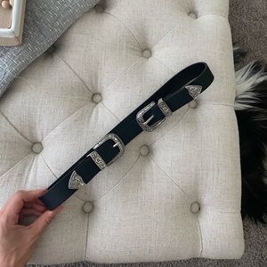 Double Buckle Black Silver Vegan Leather Belt